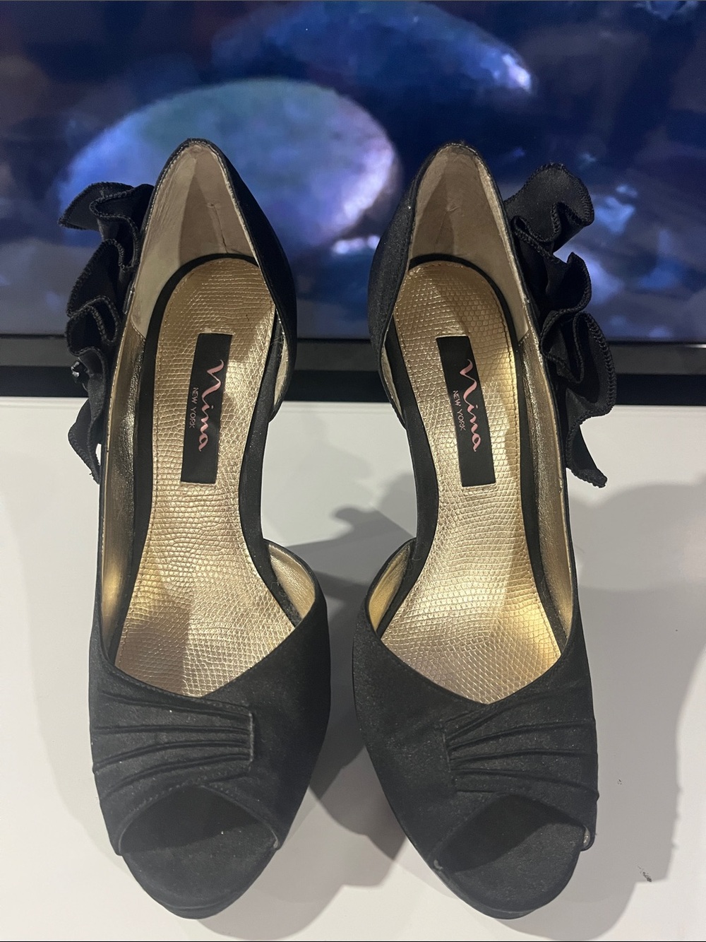 Nina Black Peep-Toe Heels with Side Ruffle Bow